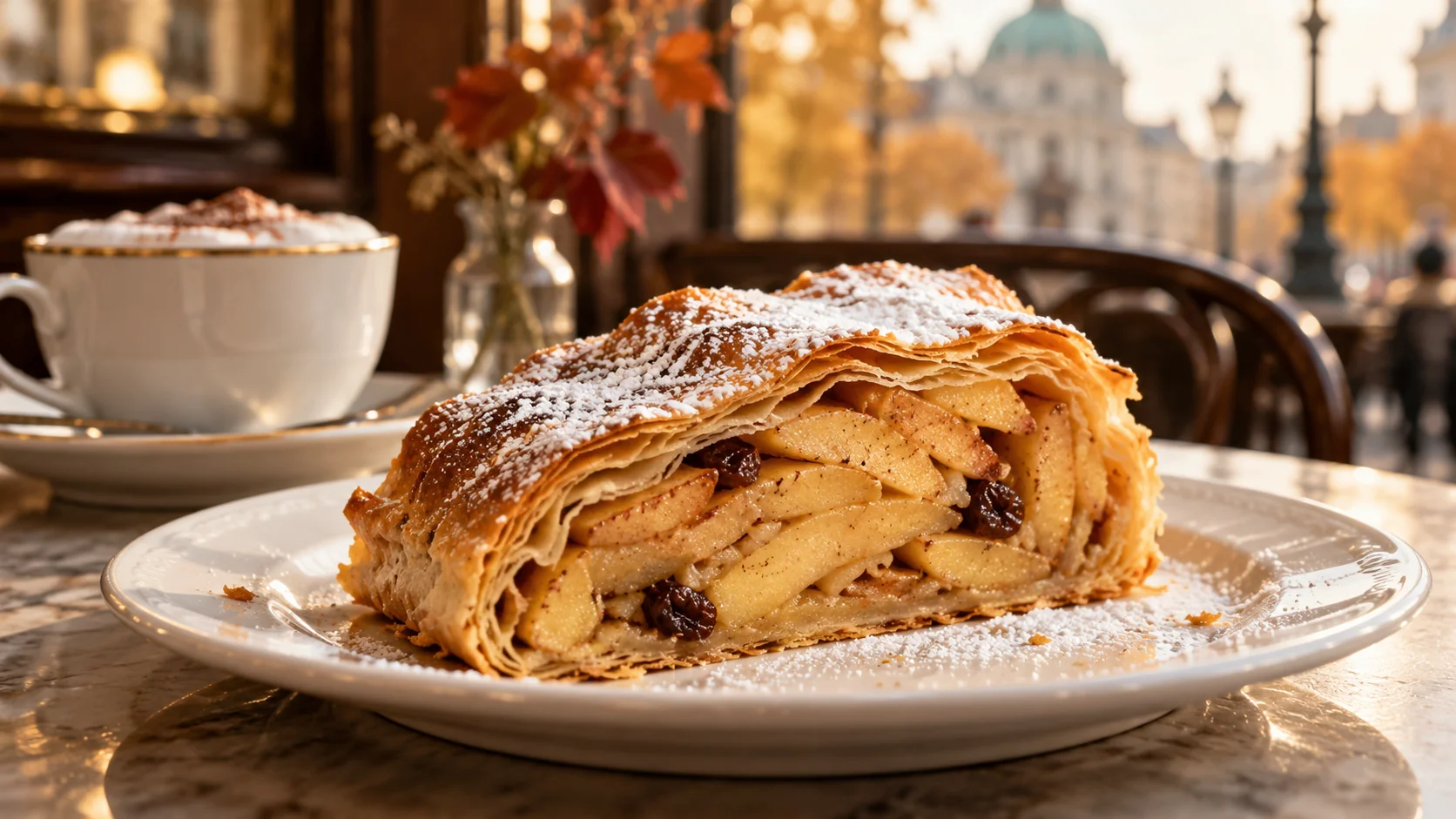 Ilustração de IA: Fatia de apfelstrudel com maçã e passas em prato de café