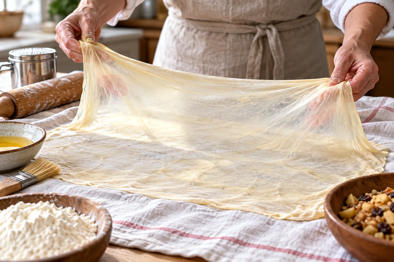 Ilustração de IA: Mãos anônimas esticando massa fina de strudel