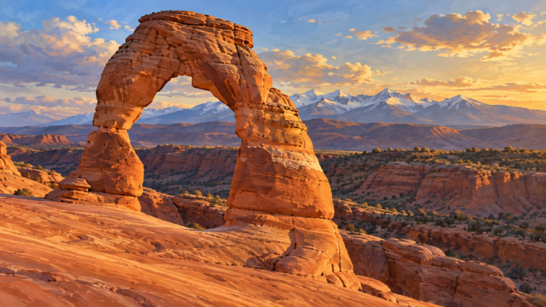 Delicate Arch sobre a paisagem de arenito — ilustração de IA