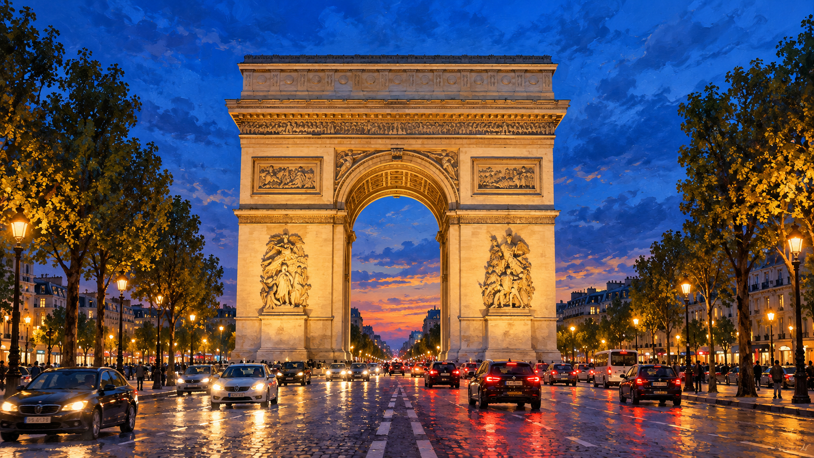 Ilustração do Arco do Triunfo iluminado em Paris