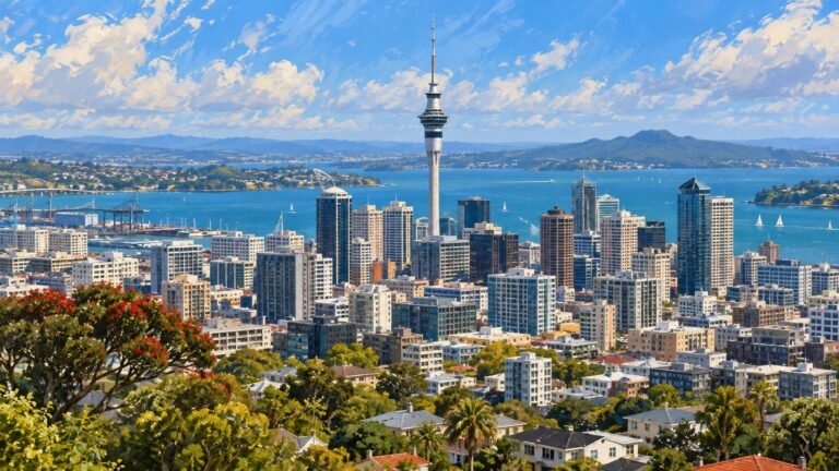 Ilustração de IA da Sky Tower no horizonte de Auckland