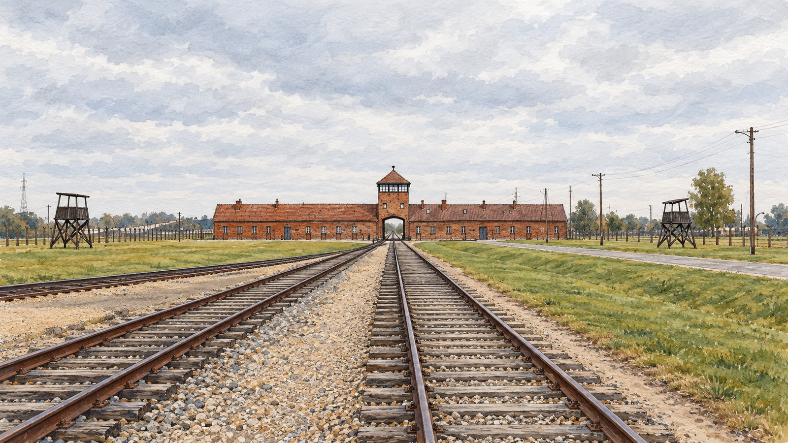 Ilustração do portão de Birkenau, com os trilhos passando pelo arco central.