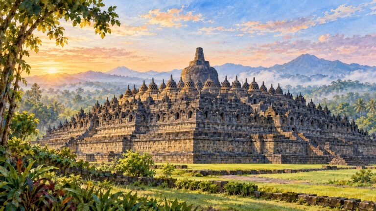 Ilustração em aquarela do templo de Borobudur e seus terraços em Java Central