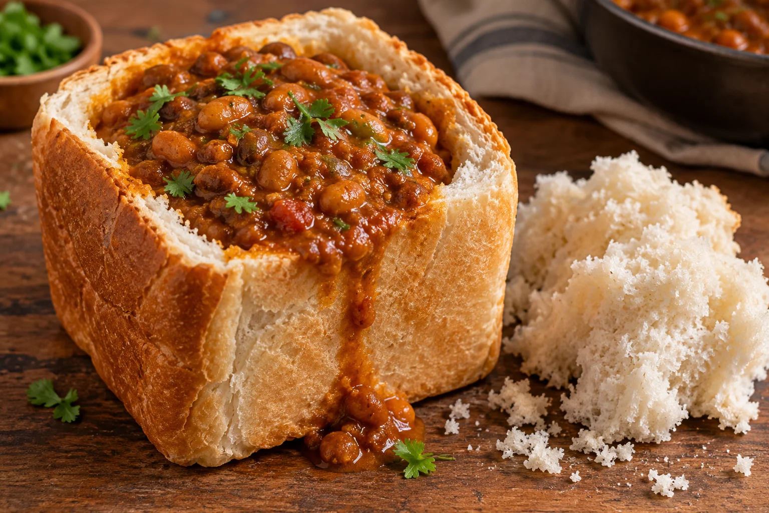 Ilustração de IA: Bunny chow com curry de feijão e miolo de pão separado