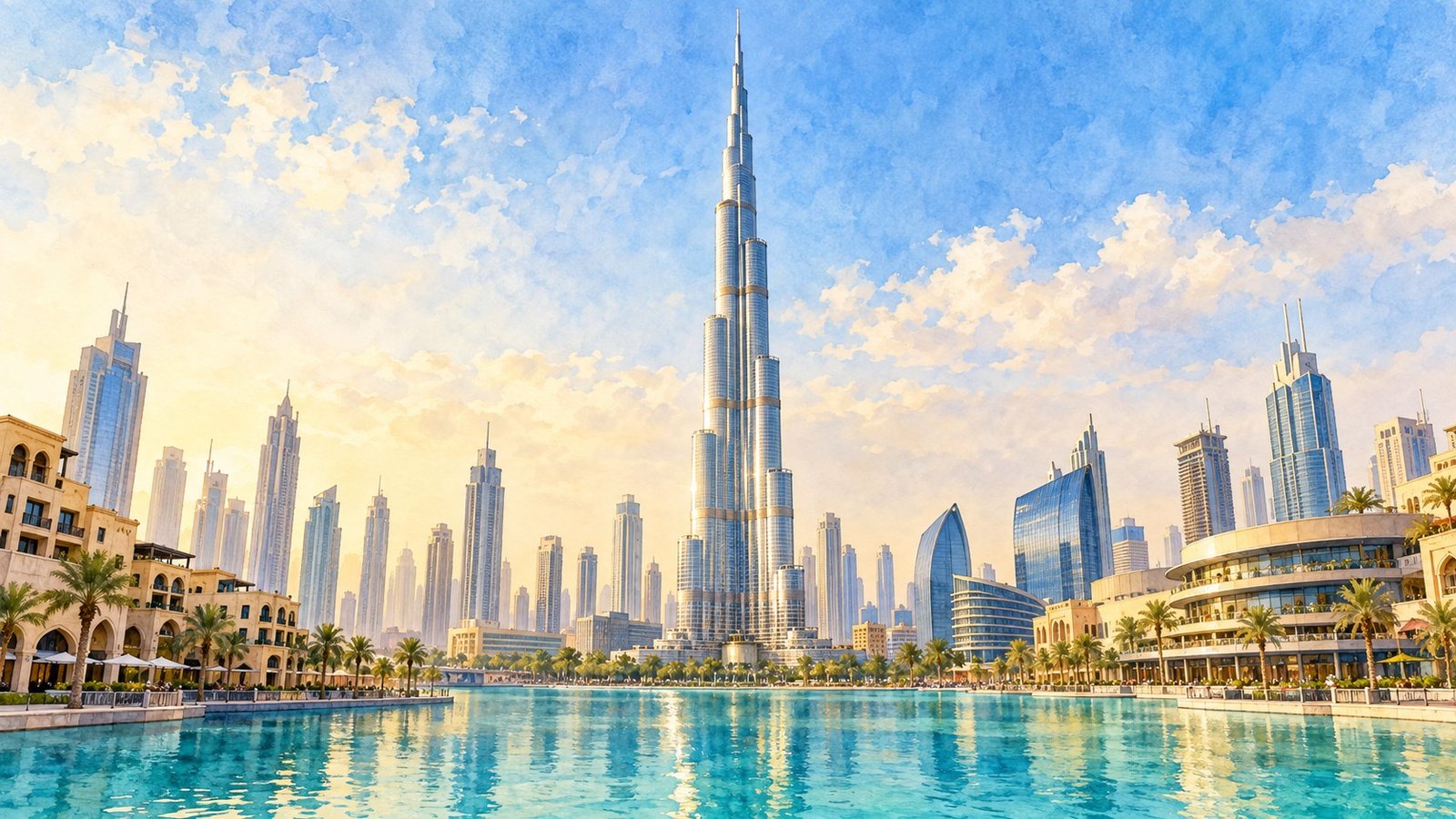 Ilustração do Burj Khalifa e do lago artificial em Downtown Dubai