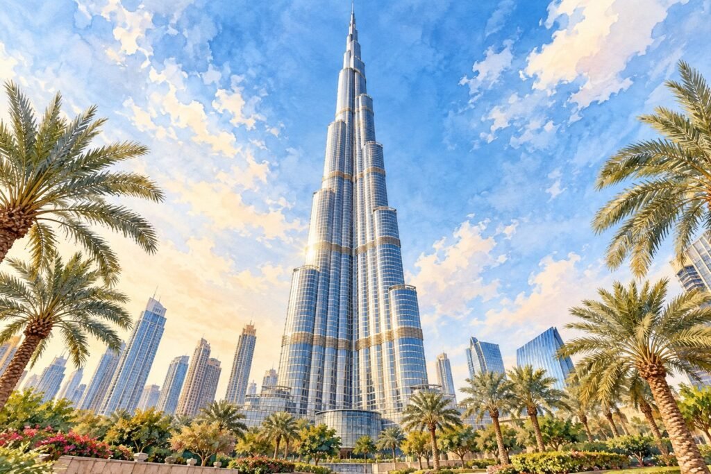 Ilustração arquitetônica do Burj Khalifa vista dos jardins próximos à base