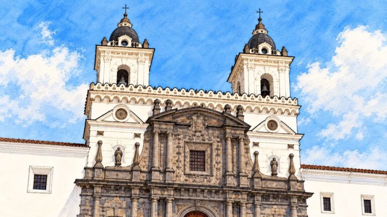 Ilustração por IA da parte superior da fachada de San Francisco em Quito, com torres claras e pedra escura.