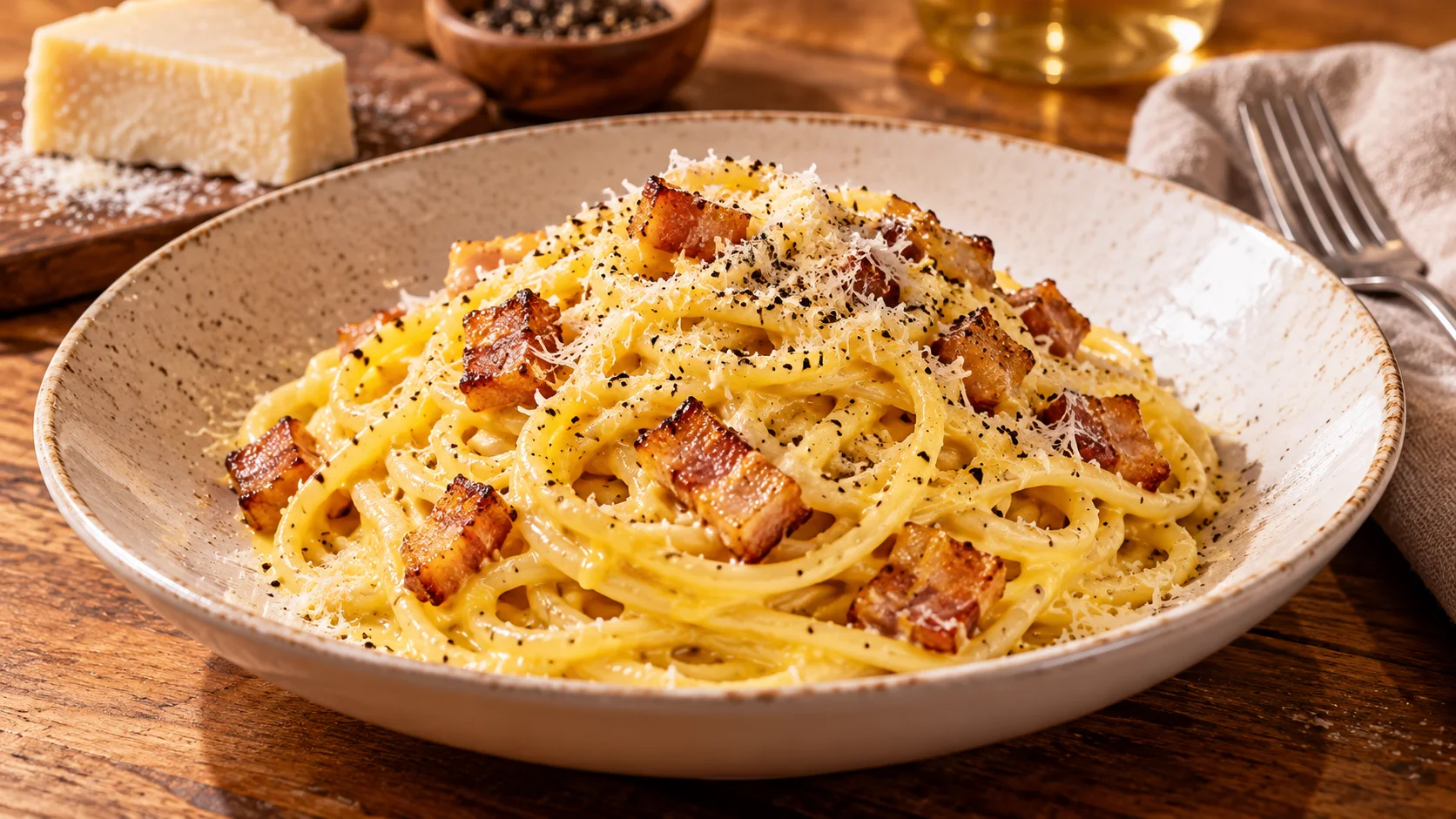 Ilustração de IA: Spaghetti alla carbonara com queijo, pimenta preta e cubos dourados de carne curada
