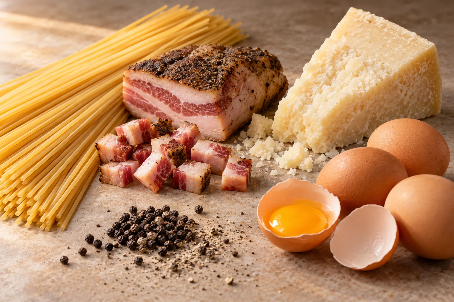 Ilustração de IA: Massa, ovos, queijo curado, pimenta e guanciale em composição de ingredientes da carbonara