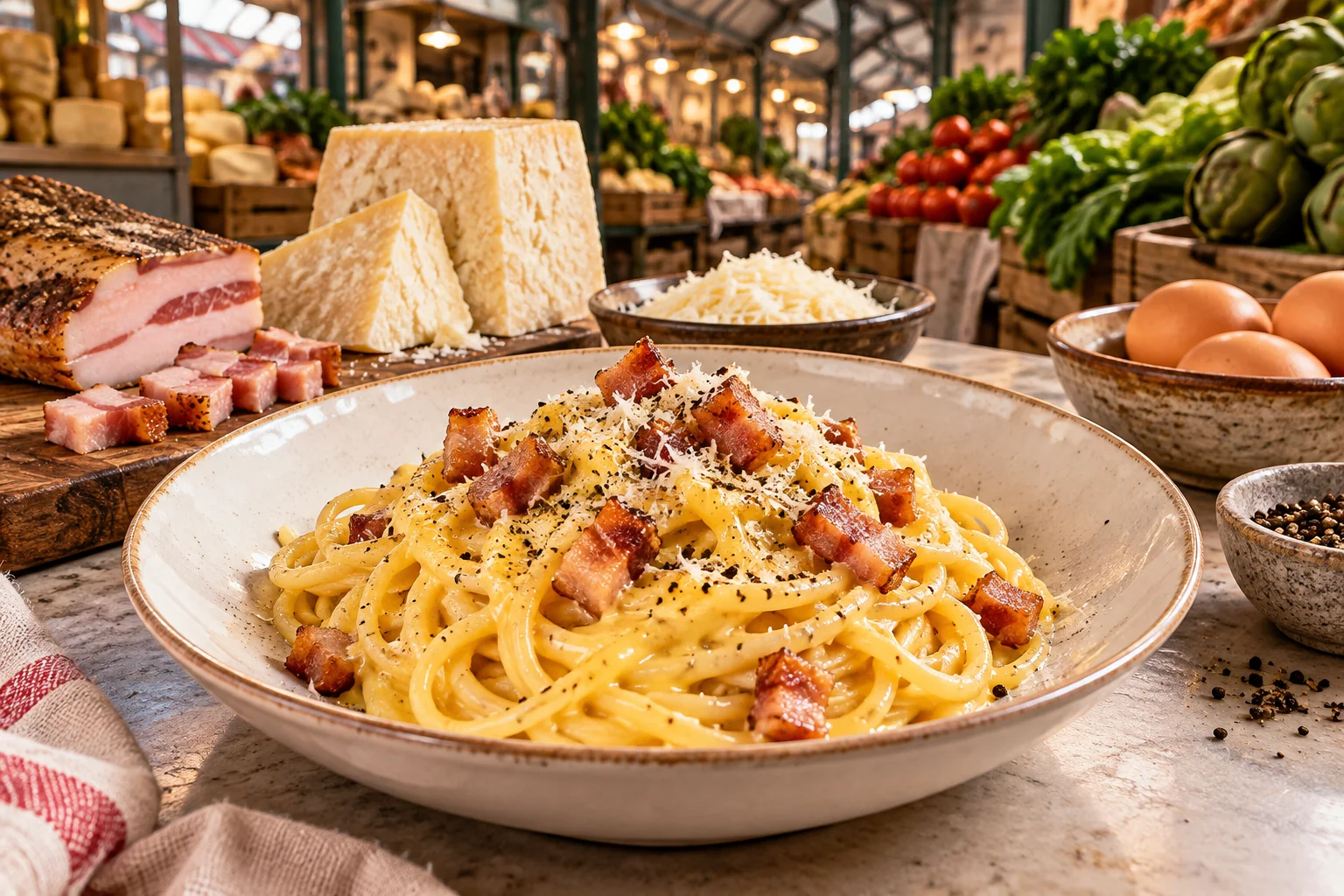 Ilustração de IA: Carbonara e seus ingredientes em cenário ilustrativo de mercado coberto