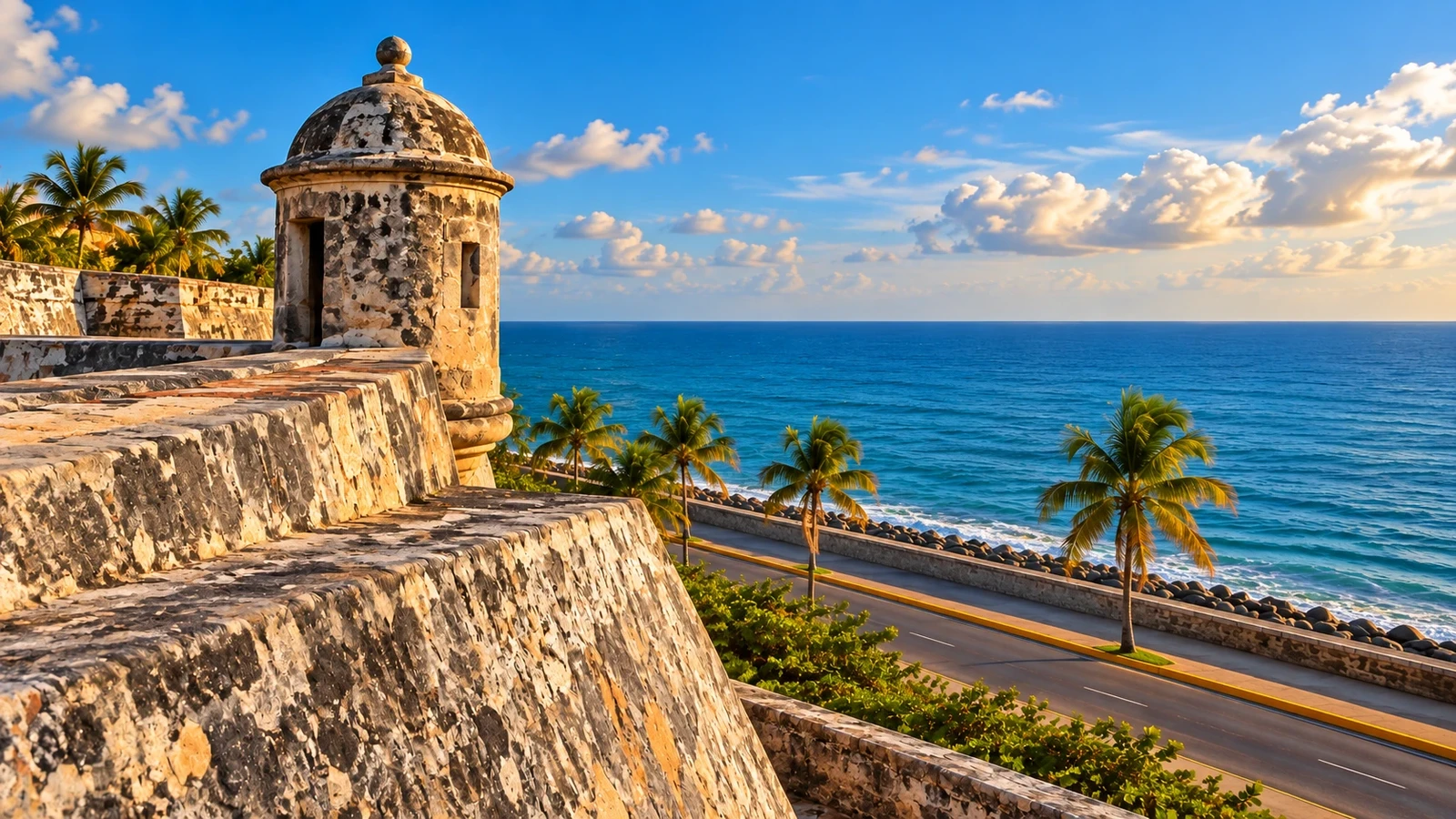 Ilustração das muralhas de Cartagena com guarita, avenida costeira e mar do Caribe