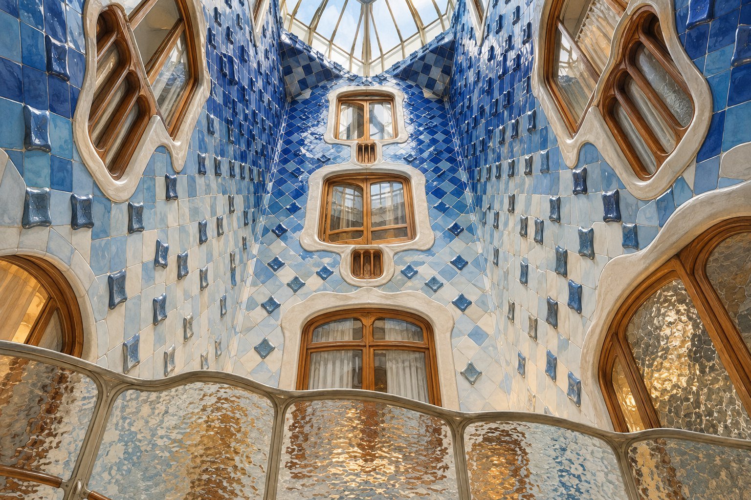 Pátio de luzes com cerâmica azul da Casa Batlló. Ilustração original de IA.