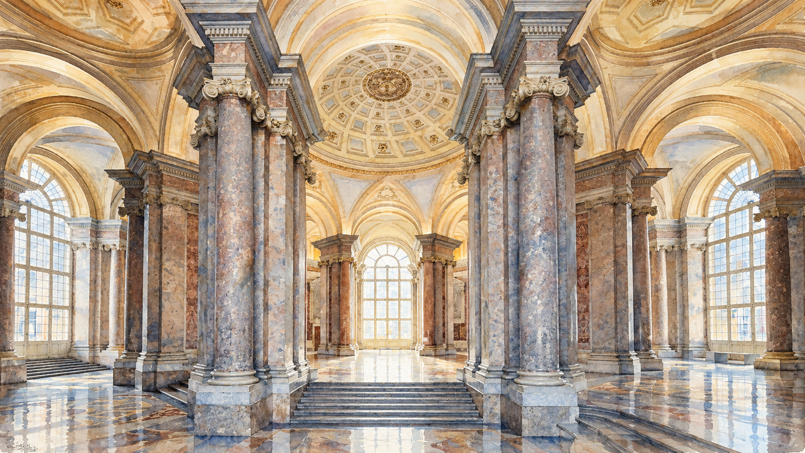 Vestíbulo superior da Reggia di Caserta. Ilustração original de IA, referenciada na fotografia oficial; não é registro fotográfico.