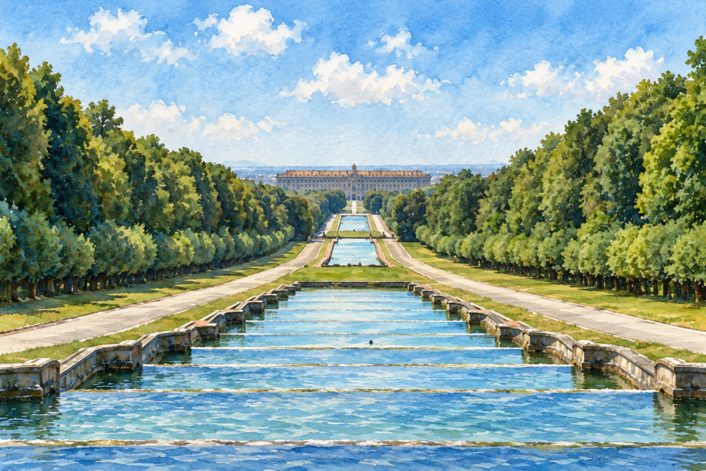 Via d’Acqua vista em direção ao palácio. Ilustração original de IA; referência visual: fotografia de Antonio Gentile publicada pelo museu.