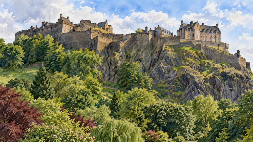 Ilustração por IA do Castelo de Edimburgo sobre o Castle Rock