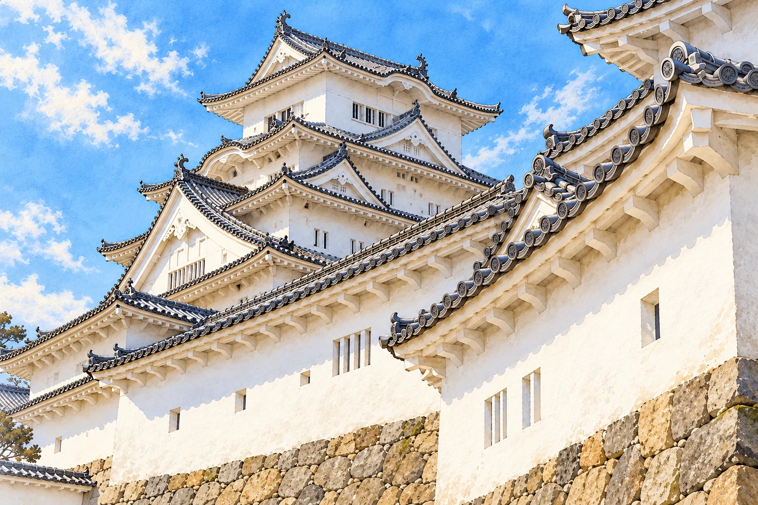 Ilustração de paredes brancas e detalhes dos telhados do Castelo de Himeji.