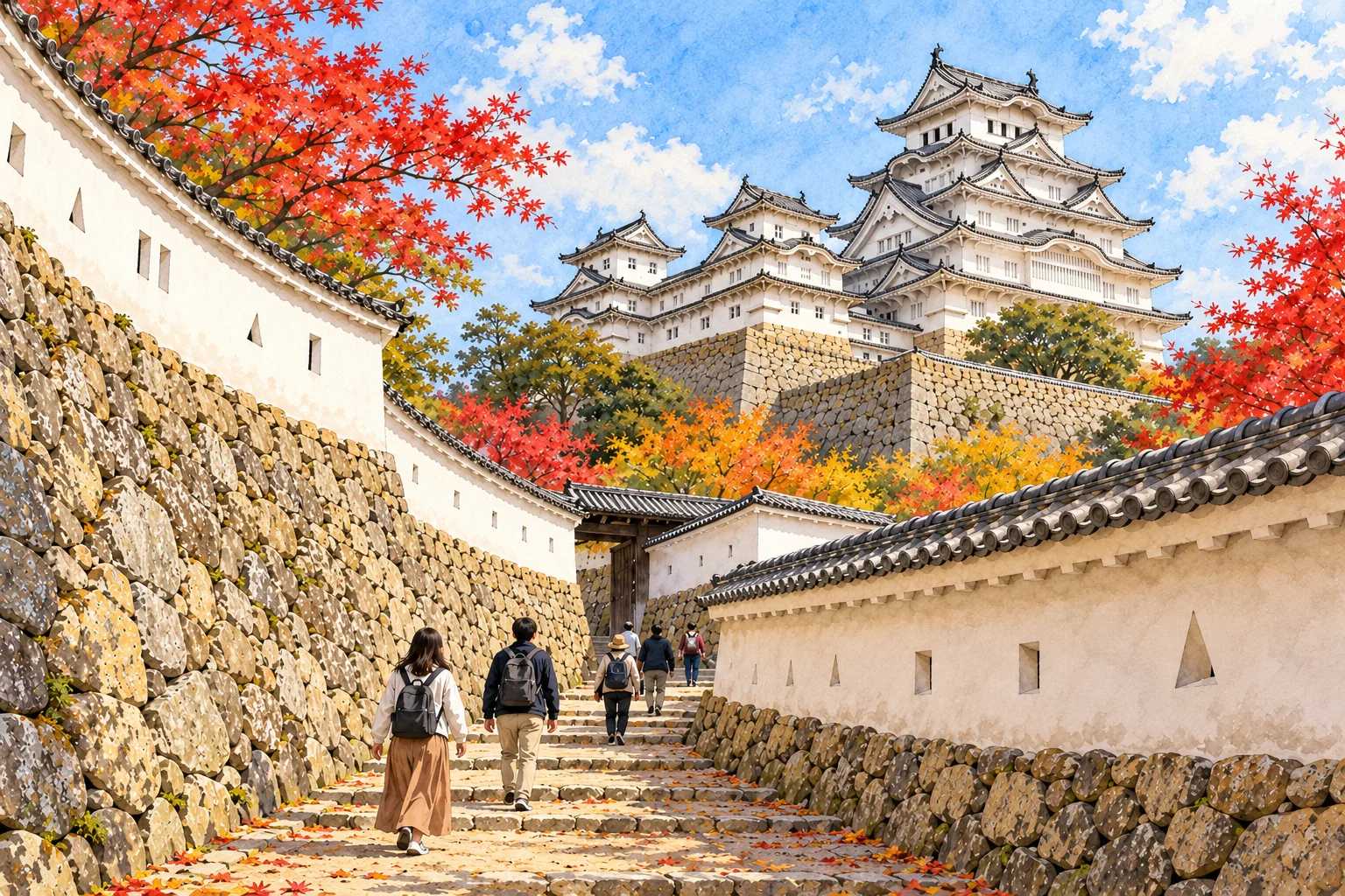 Ilustração do caminho com degraus e muros de pedra no conjunto do Castelo de Himeji.