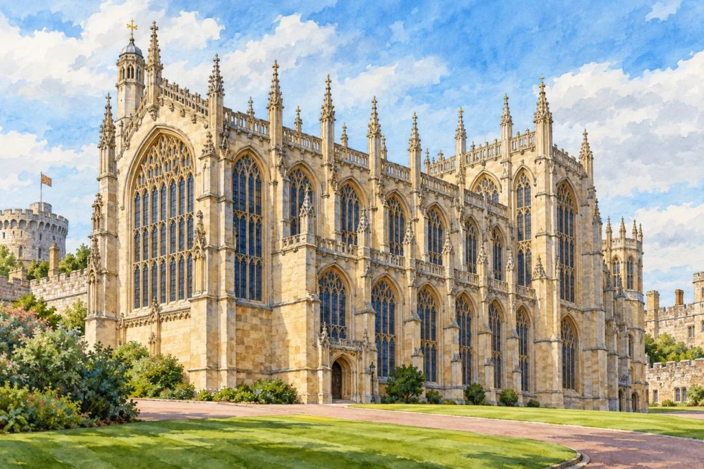 Ilustração por IA da fachada gótica da Capela de São Jorge em Windsor