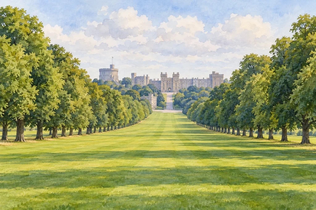Ilustração por IA do Long Walk com o Castelo de Windsor ao fundo