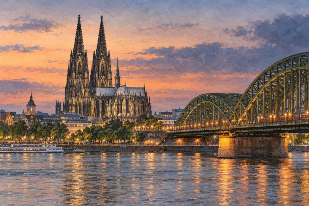 Ilustração da Catedral de Colônia e da ponte Hohenzollern vistas do Reno