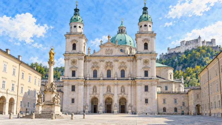 Ilustração da Catedral de Salzburgo vista da Domplatz