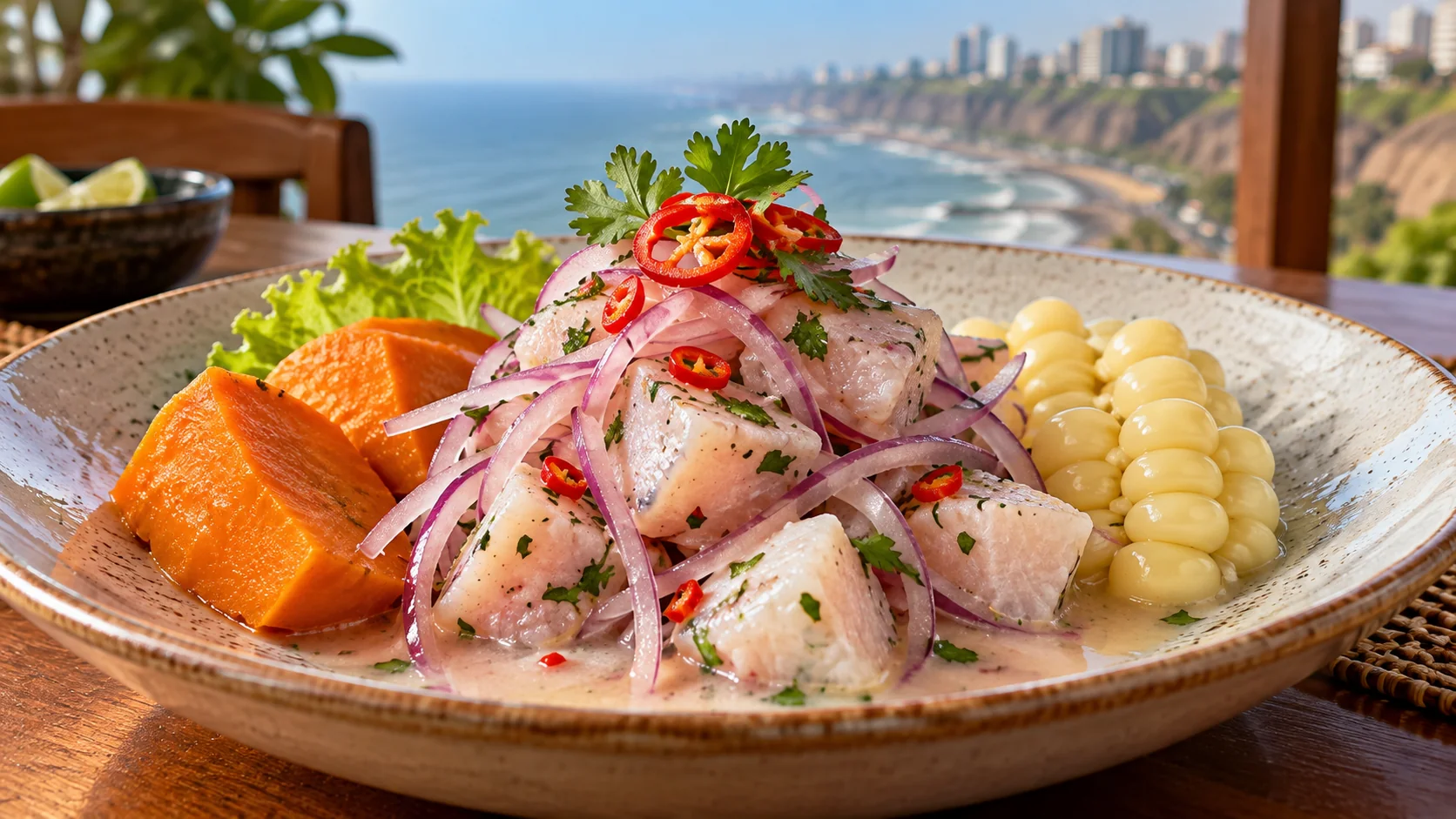 Ilustração de IA: Ceviche de pescado com cebola roxa, camote e choclo em cenário inspirado no litoral de Lima