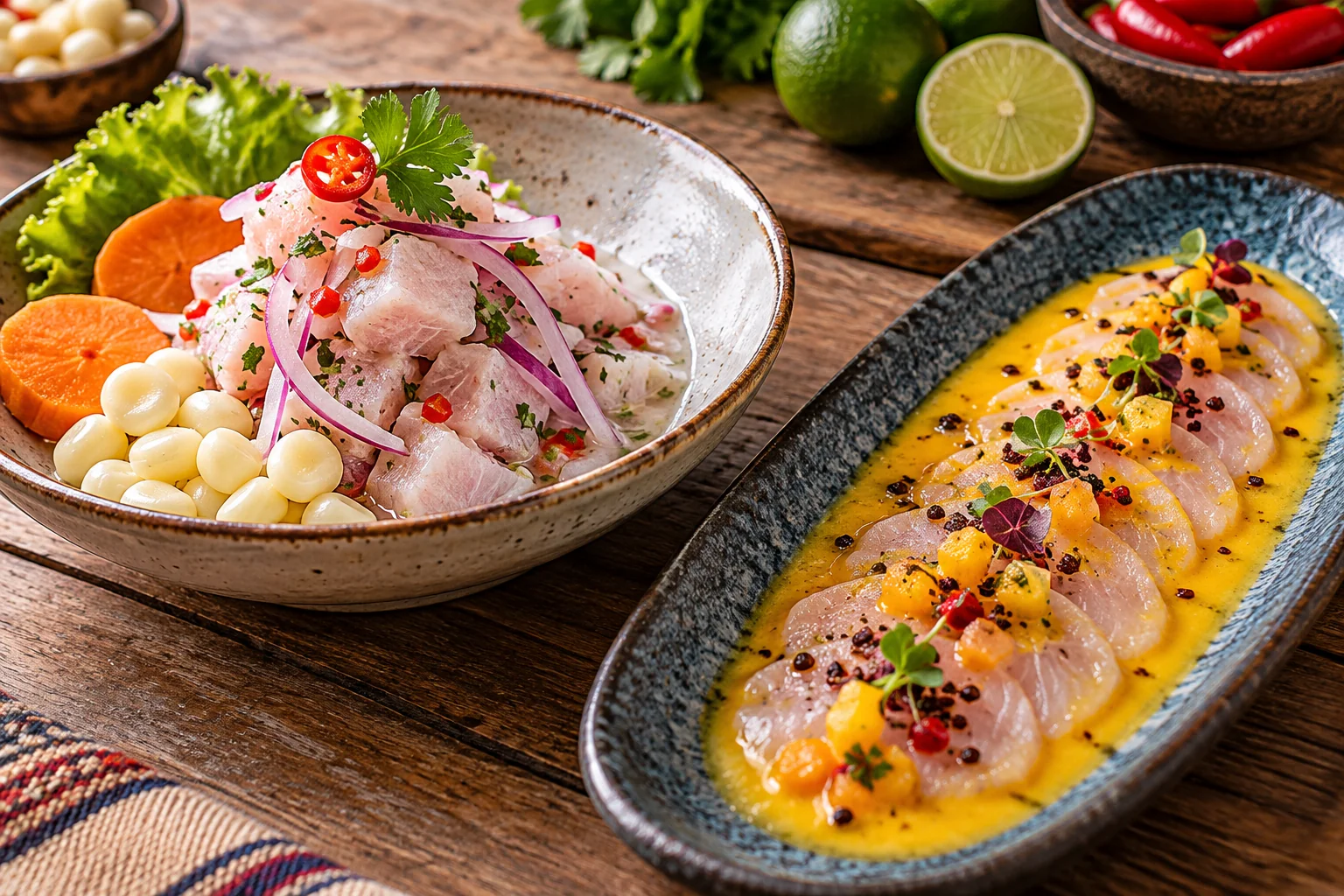 Ilustração de IA: Ceviche em cubos ao lado de tiradito em lâminas