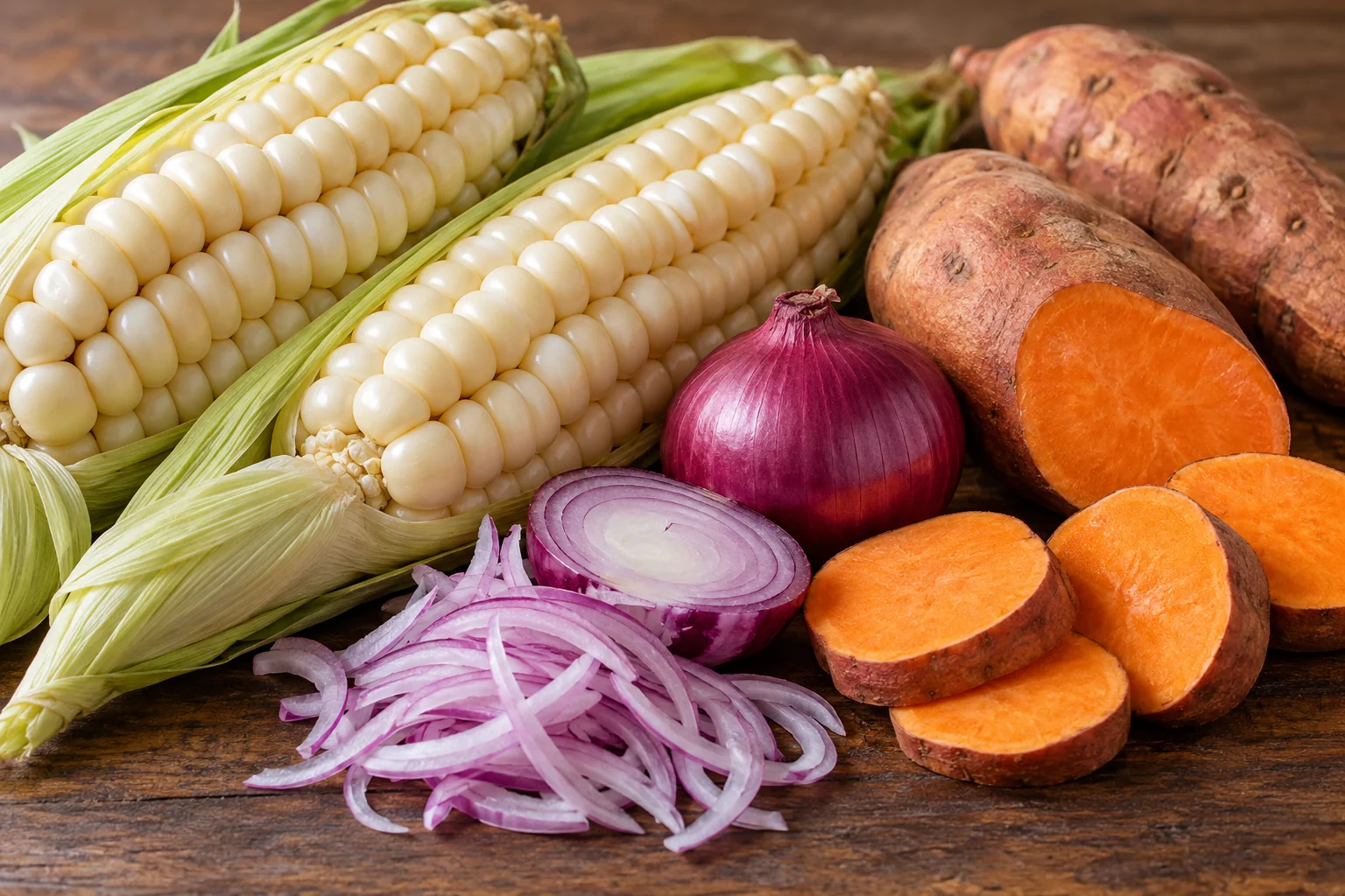 Ilustração de IA: Choclo, camote e cebola roxa, ingredientes presentes na cozinha peruana