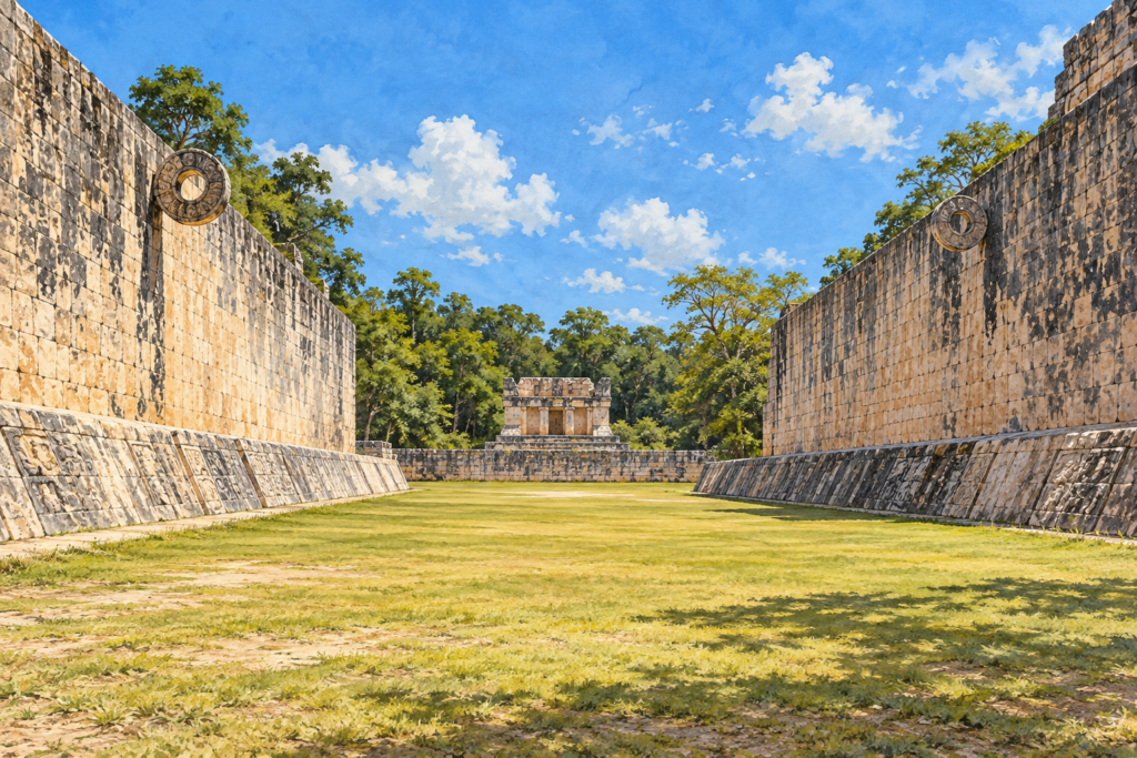 Ilustração do Grande Jogo de Bola de Chichén Itzá entre paredes de pedra.