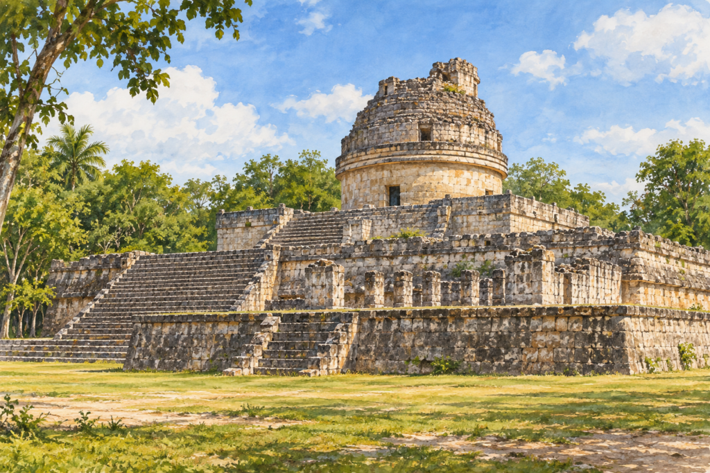 Ilustração do observatório circular El Caracol em Chichén Itzá.