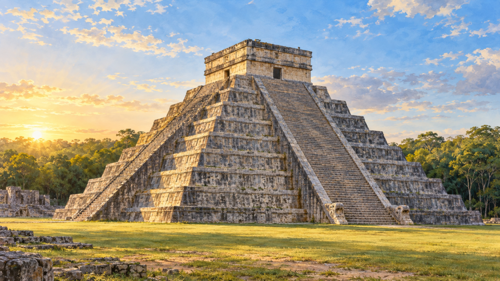 El Castillo de Chichén Itzá em uma praça com vegetação baixa ao fundo.