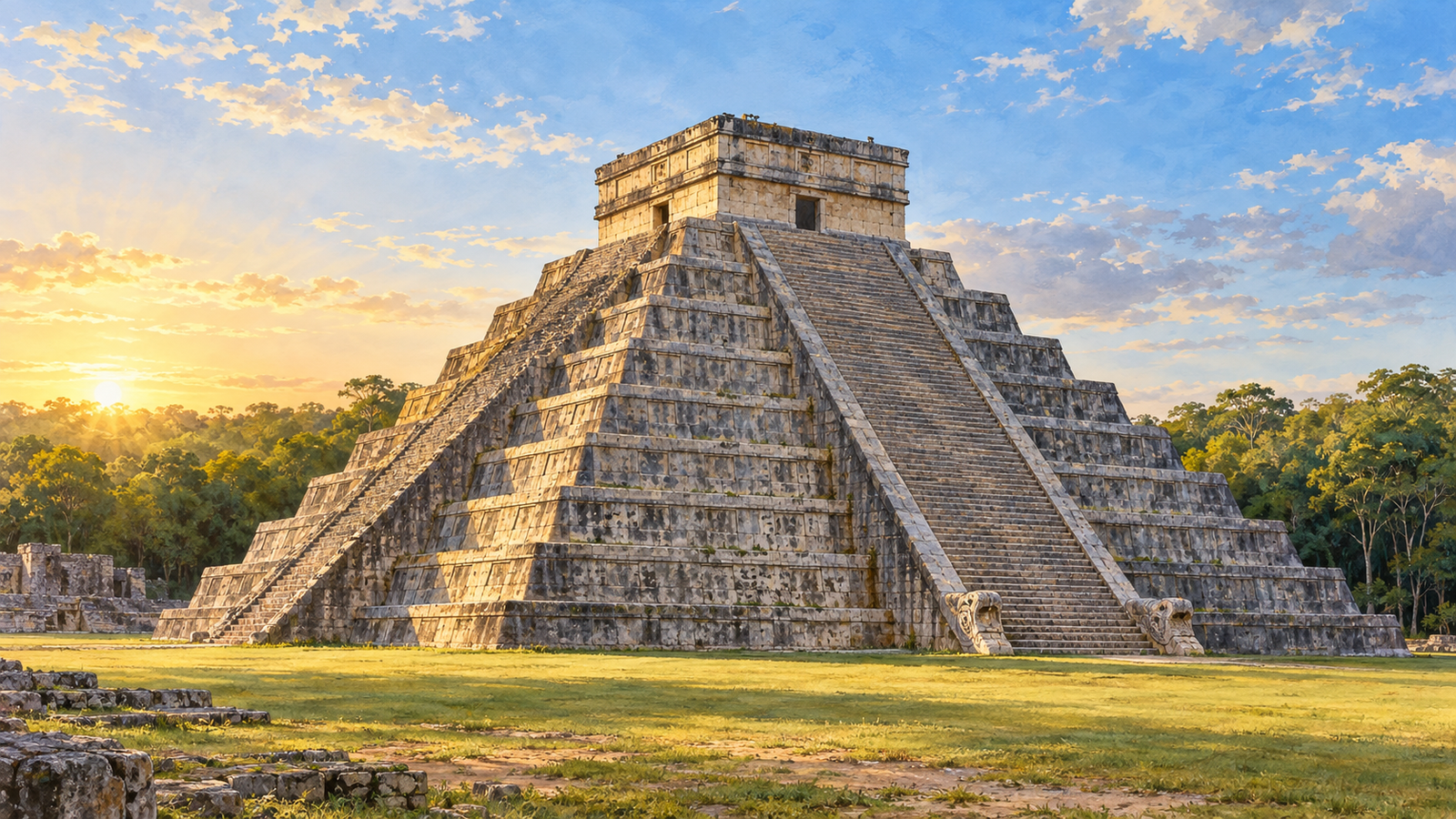 El Castillo de Chichén Itzá em uma praça com vegetação baixa ao fundo.