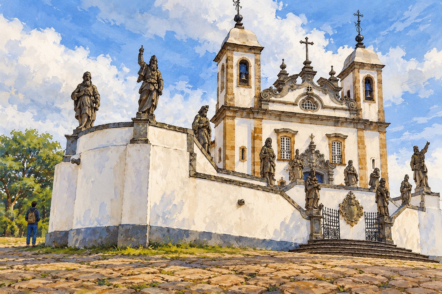 Ilustração do adro, das esculturas e da fachada do santuário de Congonhas