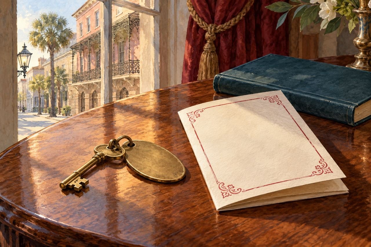 Ilustração por IA de uma chave antiga de hotel e um programa teatral sem texto sobre uma mesa.