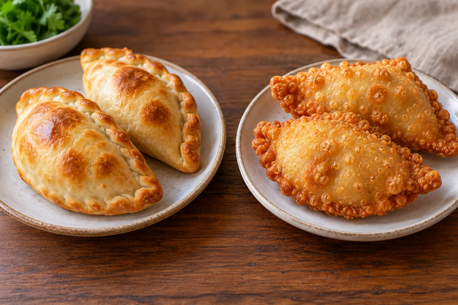 Ilustração de IA: Empanadas assadas e fritas em pratos separados