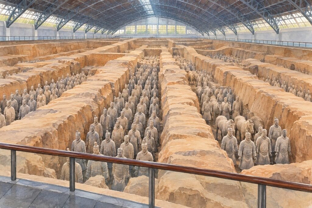 Ilustração de fileiras e divisórias de terra no sítio dos Guerreiros de Terracota
