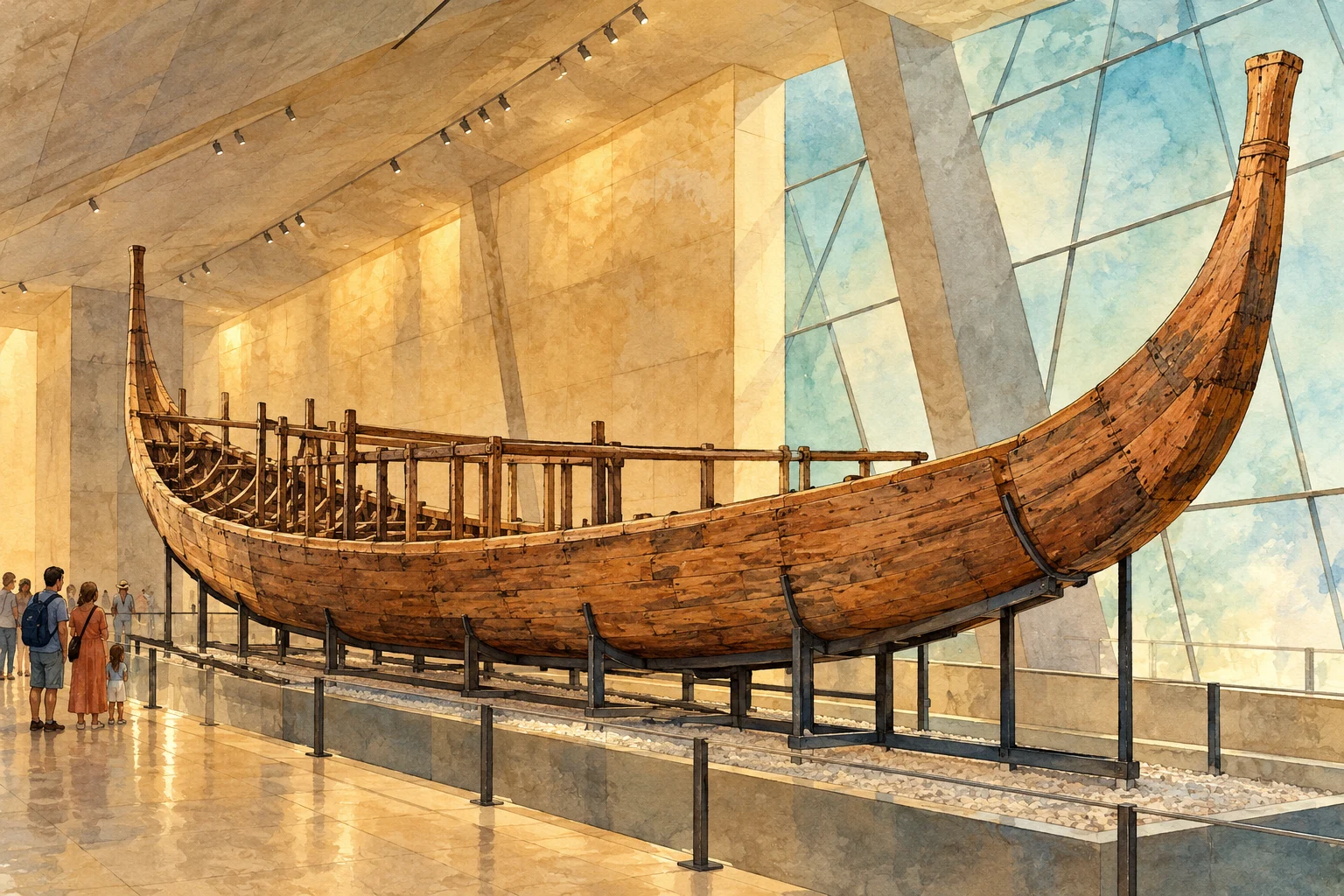 Ilustração de embarcação antiga de madeira inspirada no barco de Khufu.