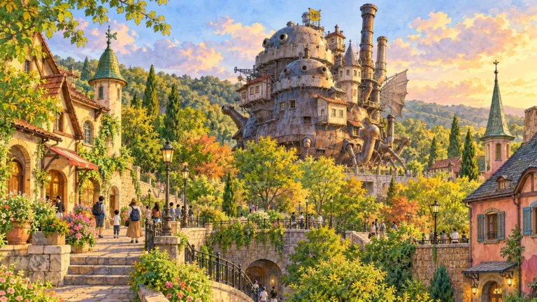 Releitura ilustrada do universo de Valley of Witches no Ghibli Park, com castelo fantástico e visitantes.
