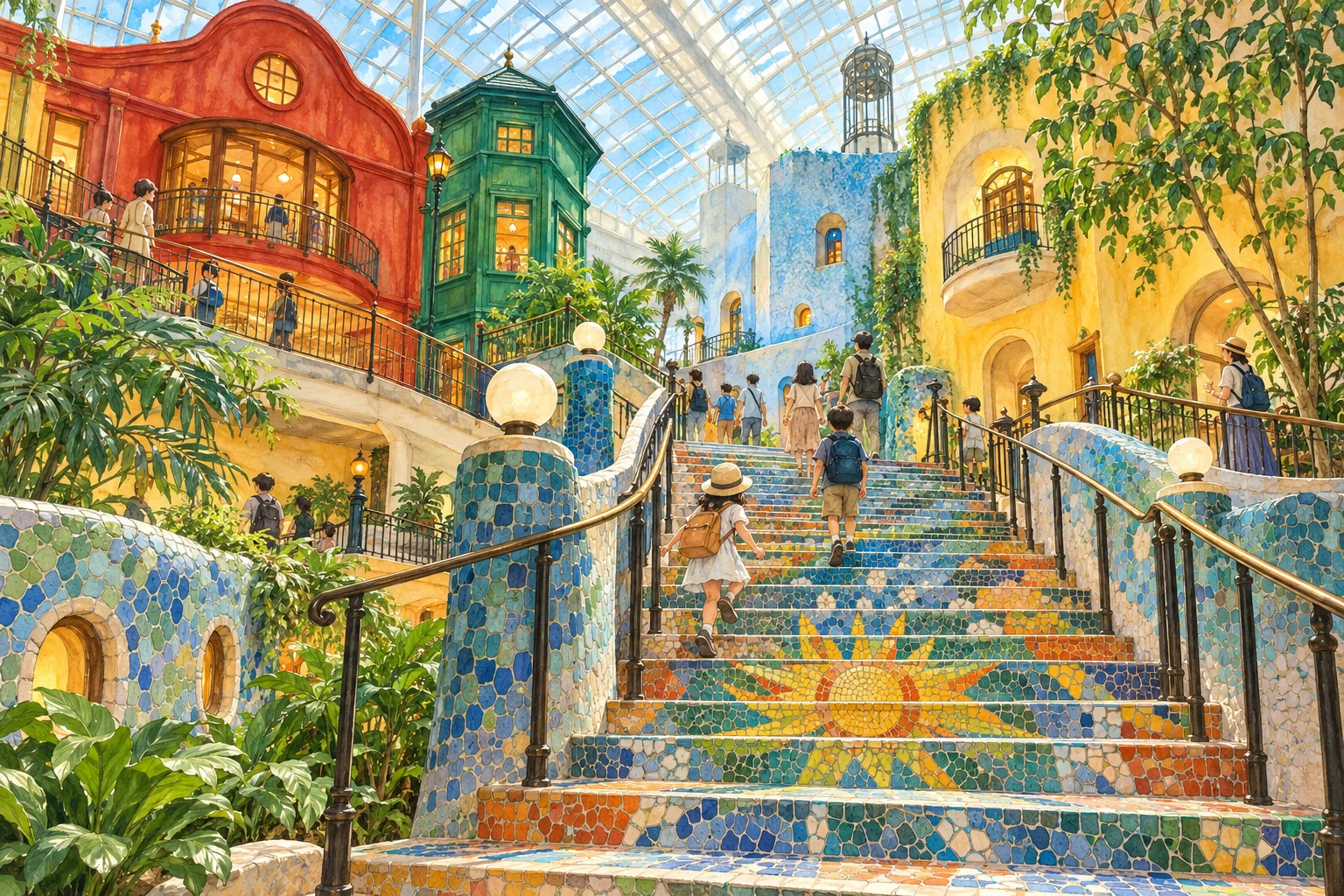 Ilustração conceitual de escadaria de mosaicos inspirada no Grand Warehouse do Ghibli Park.