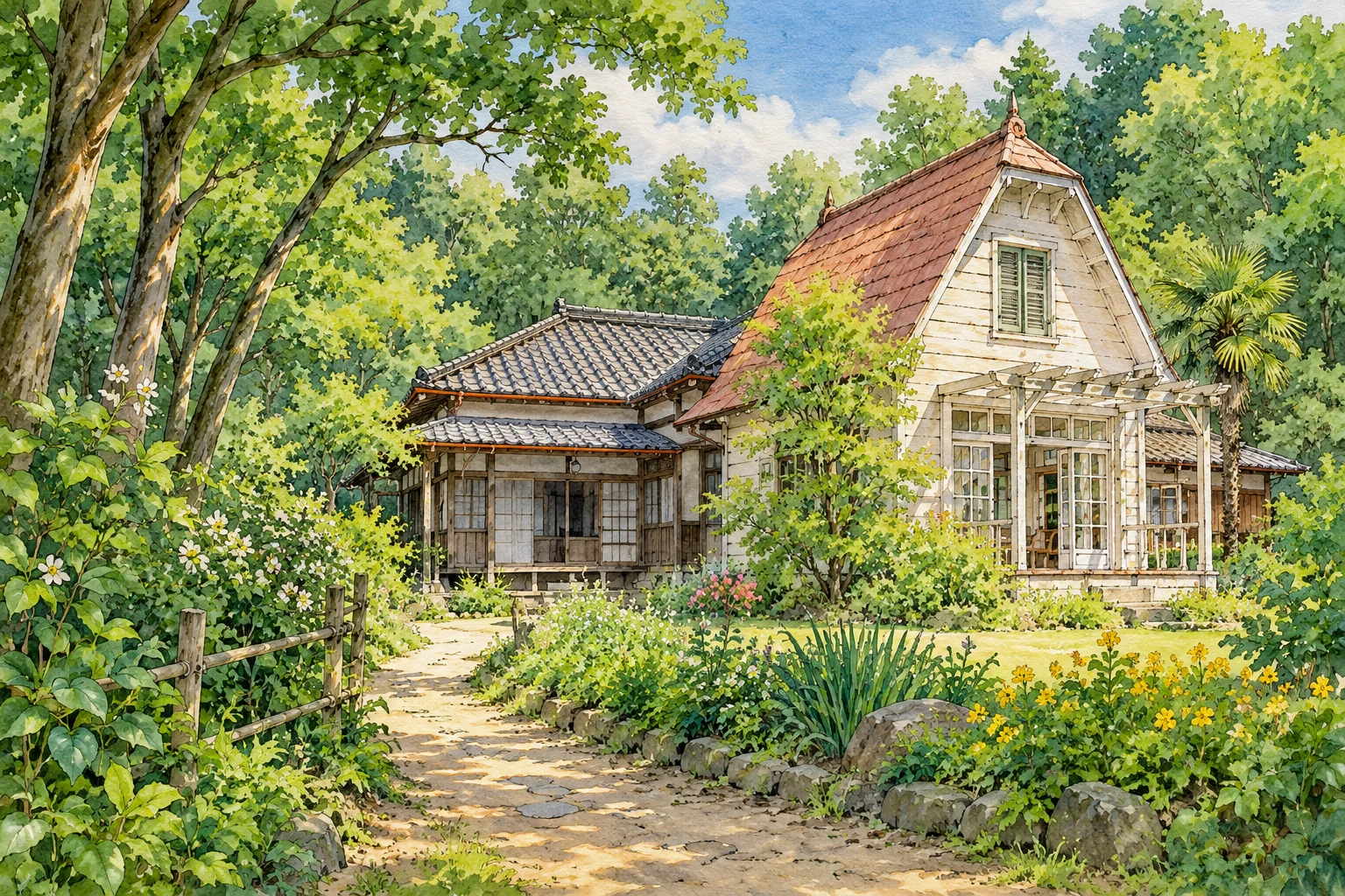 Ilustração conceitual de casa entre árvores inspirada em Dondoko Forest.