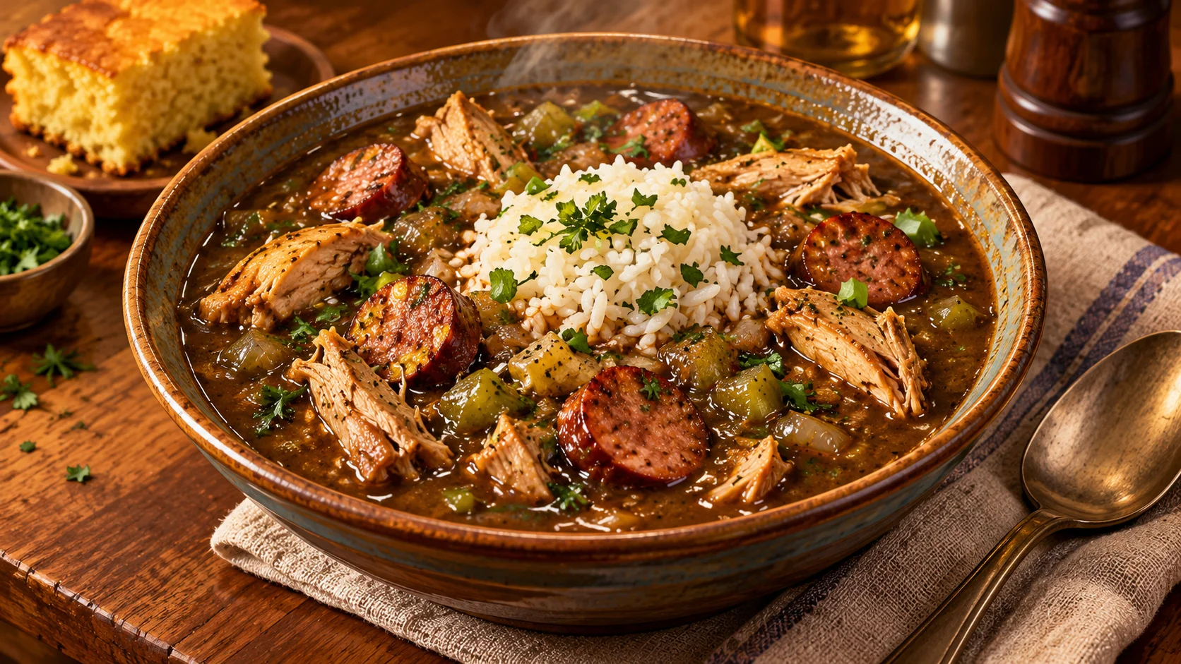 Ilustração de IA: Gumbo de frango e linguiça com pequena porção de arroz branco