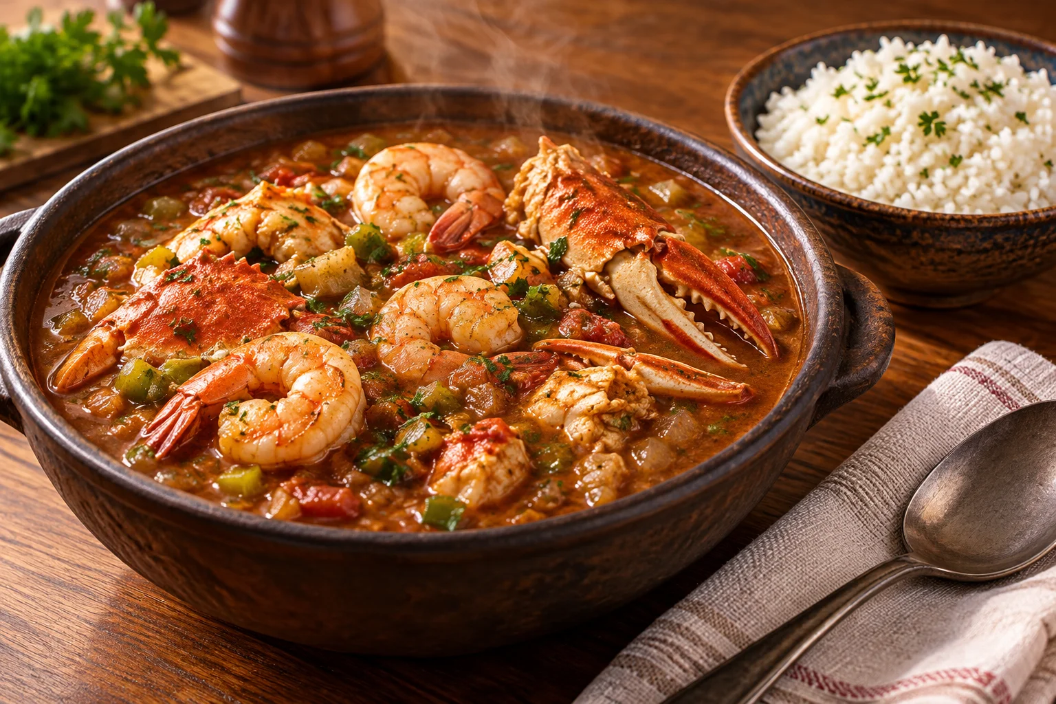 Ilustração de IA: Gumbo com camarões e caranguejo, acompanhado de arroz separado