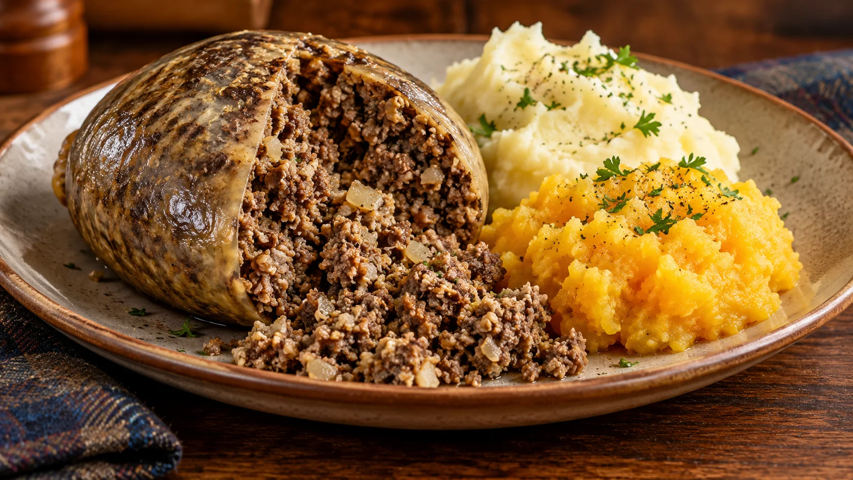Ilustração de IA: Haggis aberto com purês de batata e de nabo sueco