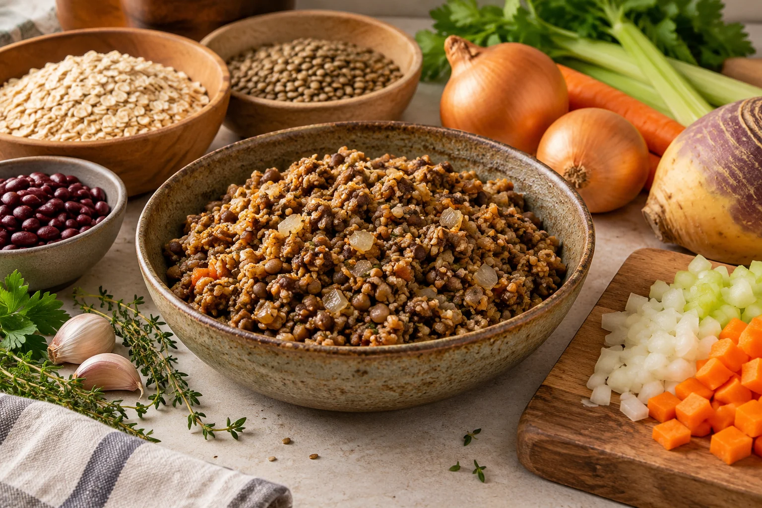 Ilustração de IA: Composição de versão vegetariana de haggis com aveia, lentilhas e vegetais