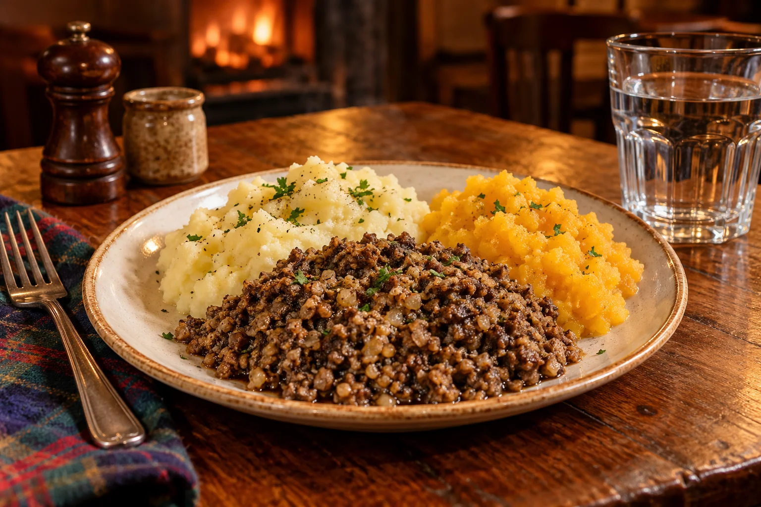 Ilustração de IA: Haggis com neeps e tatties em mesa de pub ilustrativo
