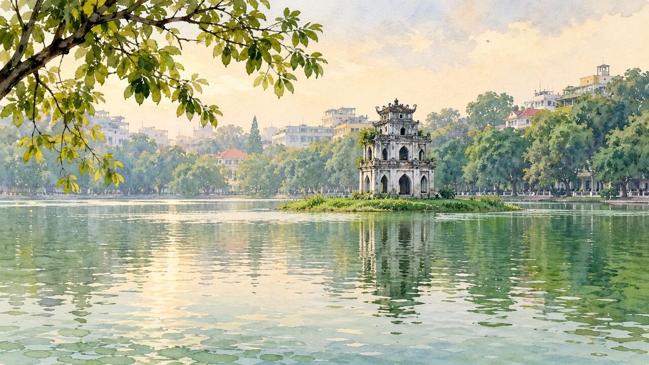 Torre da Tartaruga numa pequena ilha do lago Hoàn Kiếm, cercado pela cidade de Hanói.