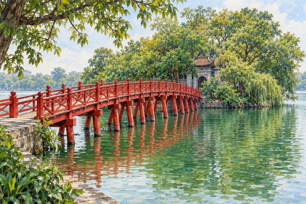 Ponte vermelha Thê Húc atravessa a água até a ilha arborizada do templo Ngọc Sơn.