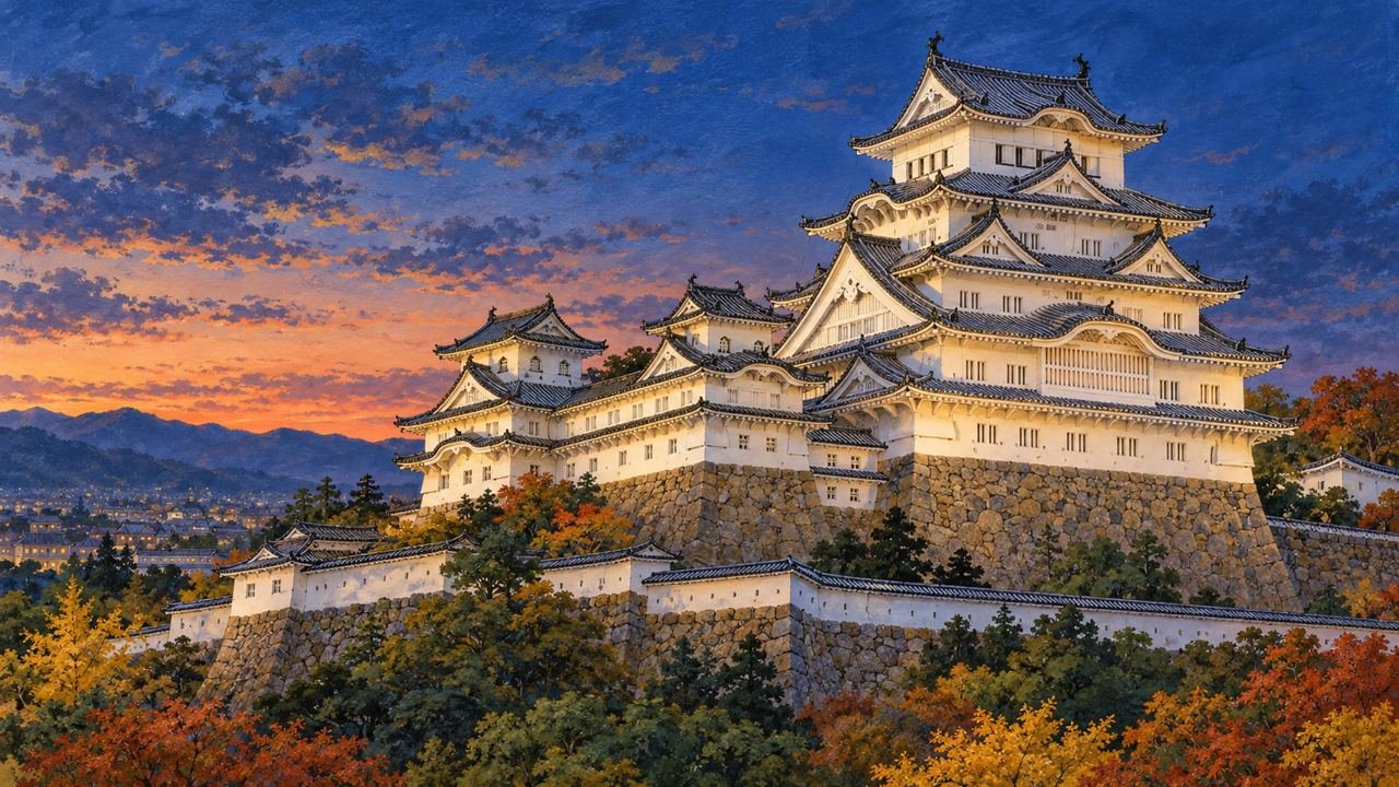 Ilustração do Castelo de Himeji, com paredes brancas, telhados sobrepostos e base de pedra, ao anoitecer.