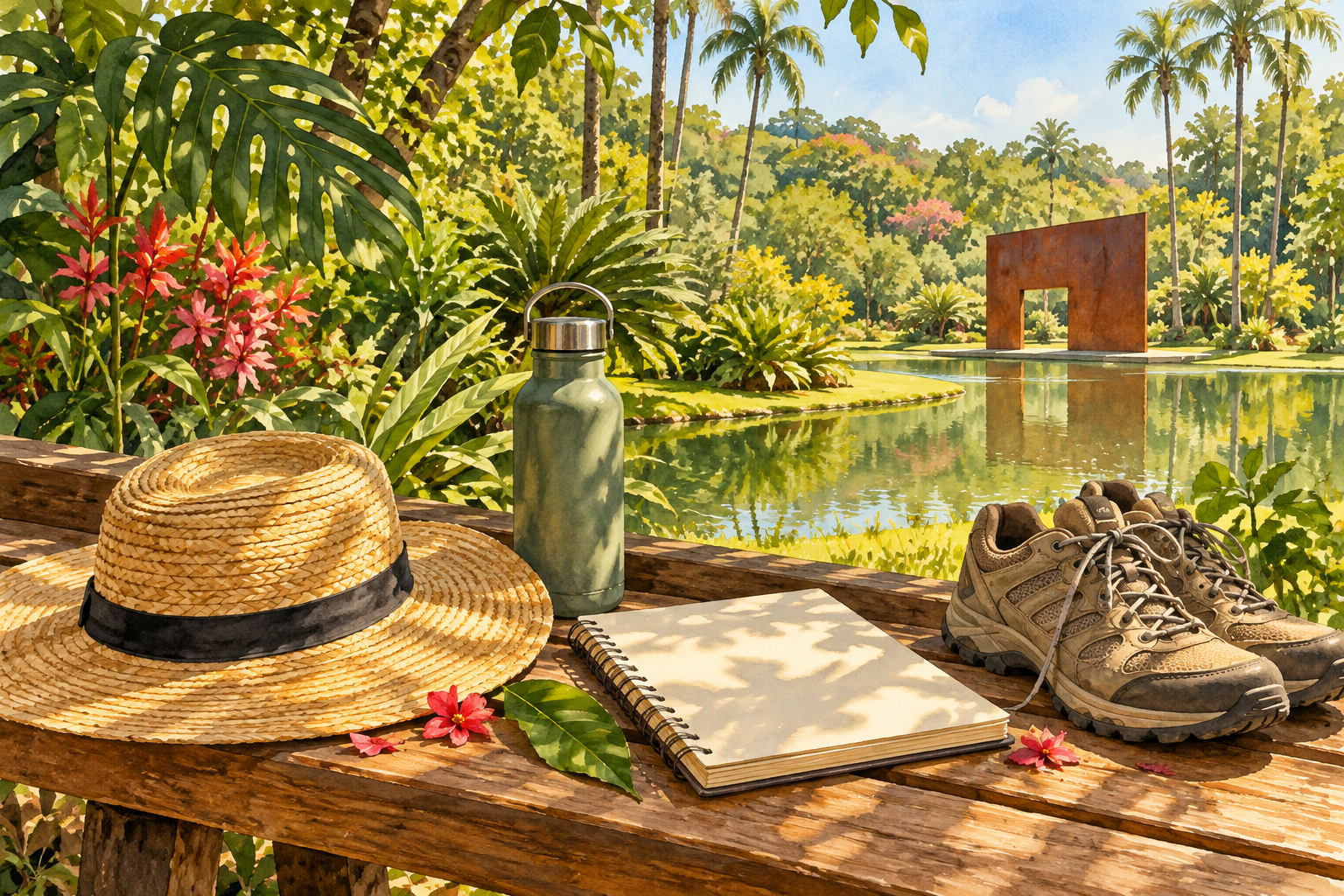 Objetos para uma caminhada cultural em jardim tropical.