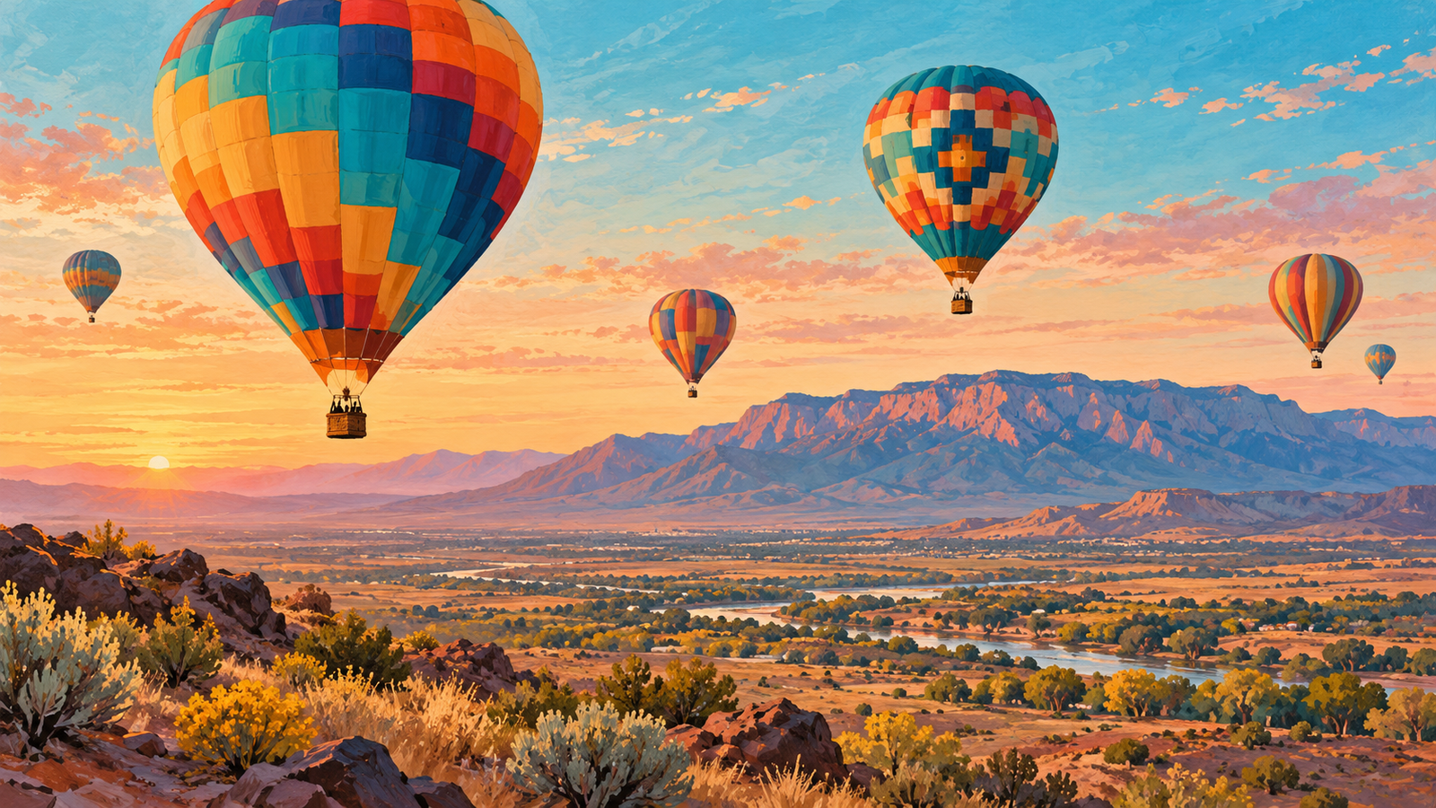 Ilustração de IA de balões coloridos sobre paisagem de altitude inspirada em Albuquerque